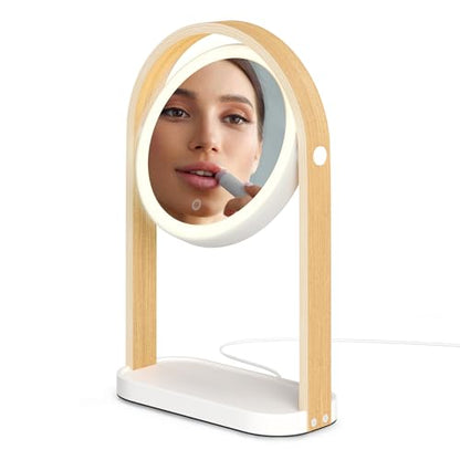 Umbra Bellwood Vanity Mirror, LED Double-Sided Magnifying, White/Natural | Glass frame, three light temperatures, touch sensor dimming, integrated storage tray, USB-C powered