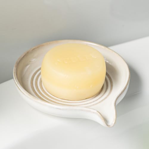 Zoeeker Soap Dish with Drainage, Ceramic Self Draining Bar Soap Holder | Bar Soap Saver with Waterfall Design Round Soap Tray for Shower Bathroom Kitchen Sink Bathtub, Keep Bar Soap Dry, Beige White - color: Beige White, size: Round