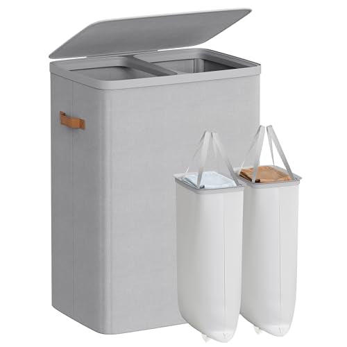 SONGMICS Laundry Basket, 44.9 Gal. Laundry Hamper, 2 Compartments, Easy Assembly, with Lid and Handles, Removable Inner Bags, 22 x 15.7 x 29.5 Inches, Dove Gray ULCB813G01 - color: Dove Gray, size: 170 L (2-Section)