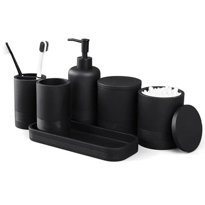 LIN CHUAN 6-Piece Bathroom Accessories Set, Modern Bathroom, Black | Includes soap dispenser, toothbrush holder, vanity tray, tumbler, and 2 cotton swab jars for bathroom organization set. - color: Black