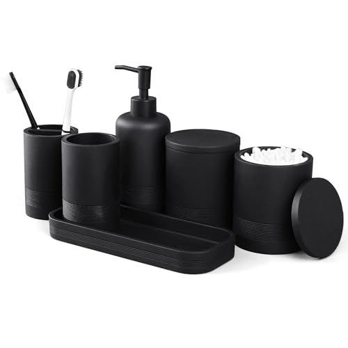 LIN CHUAN 6-Piece Bathroom Accessories Set, Modern Bathroom, Black | Includes soap dispenser, toothbrush holder, vanity tray, tumbler, and 2 cotton swab jars for bathroom organization set. - color: Black