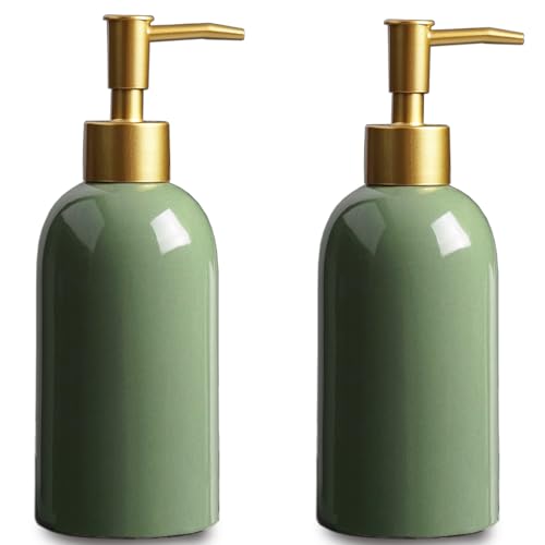 2Pack Ceramic Soap Dispenser Green with Gold Pump,Modern Design Cylindrical Lotion Dispenser Bottle,Refillable Liquid Hand Soap Dispenser for Kitchen,Bathroom,Washroom - color: 2pcs Green