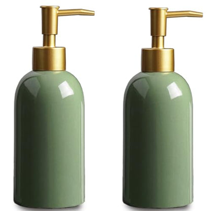 2Pack Ceramic Soap Dispenser Green with Gold Pump,Modern Design Cylindrical Lotion Dispenser Bottle,Refillable Liquid Hand Soap Dispenser for Kitchen,Bathroom,Washroom - color: 2pcs Green