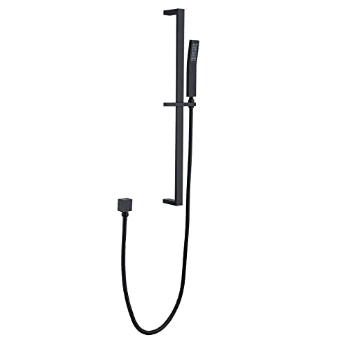 Brass Shower Slide Bar Matte Black Hand Shower Head with Slide Bar and Hose, Wall Mount Handheld Shower Wand Holder, Height Adjustable Sliding Bar, Pt003