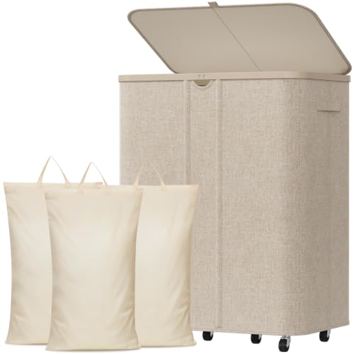 Lifewit 185L Plastic Laundry Basket with Lid, Large Clothes Hamper with Wheels and Removable Bag, Tall Collapsible Rolling Storage Bin for Dorm Bedroom Bathroom, 3 Sections, Beige - color: Beige, size: 185L