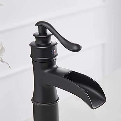 Vessel Sink Faucet Black Waterfall Bathroom Faucets Single Hole | with Pop Up Drain Stopper and Supply Lines,Drip-free Ceramic Cartridge, Farmhouse Vanity Bowl Sink Faucet,Lead-Free Brass - color: Black