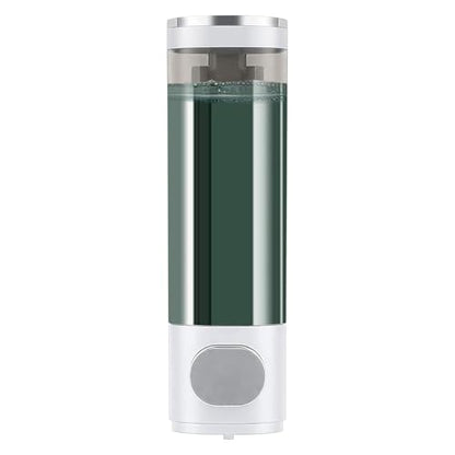 10oz/300ml Single Manual Wall Mounted Soap Dispenser, Silver & White | Bathroom Shampoo and Conditioner Dispenser, Clear Plastic Refillable Liquid Lotion Pump Dispenser and Organizer - color: White & Silver