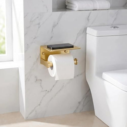YOUDA Gold Toilet Paper Holder with Shelf Wall Mount - Self-Adhesive No Drill & Screw Mounted, Rust-Resistant Aluminum Space Saving Bathroom Storage