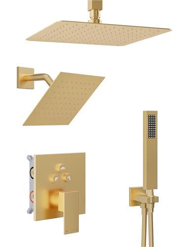 Gold Shower System, All Metal Dual Rain Shower Head with Handheld | 3-In-1 Push Button Valve and Trim Kit, Brushed Gold SUS304 10" Ceiling & 8" Wall Mount Heads, Bathroom Shower Faucet Set - color: Brushed Gold