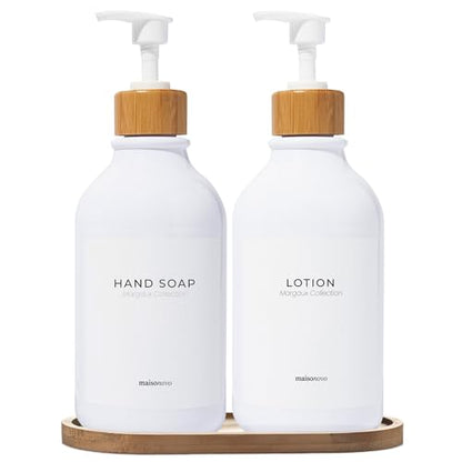 MaisoNovo Soap Dispenser Bathroom Set of 2-16.9 oz Bathroom Soap Dispenser Set - White Plastic Bottles x 2 with White Bamboo Pumps & Tray - color: White Bottles White Pumps