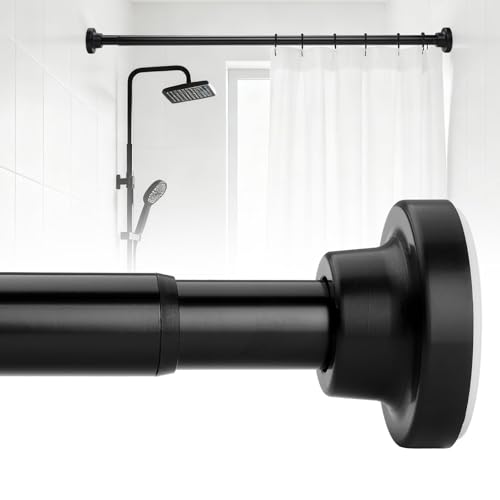 Black Shower Curtain Rods 17-83 Inch, Adjustable 1" Diameter Drapery Telescoping Curtain Rods for Bathroom,No Drill Anti-Rust Non-Slip Heavy Duty Spring Tension Shower Rod - size: 17-83 inch