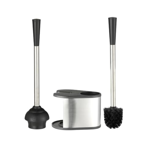 J&V TEXTILES 2-in-1 Toilet Plunger and Brush Set, Extended Stainless Steel Handle, Black Bathroom Cleaning Tools with Storage Holder, Heavy Duty Combo Pack
