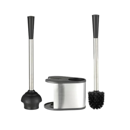 J&V TEXTILES 2-in-1 Toilet Plunger and Brush Set, Extended Stainless Steel Handle, Black Bathroom Cleaning Tools with Storage Holder, Heavy Duty Combo Pack