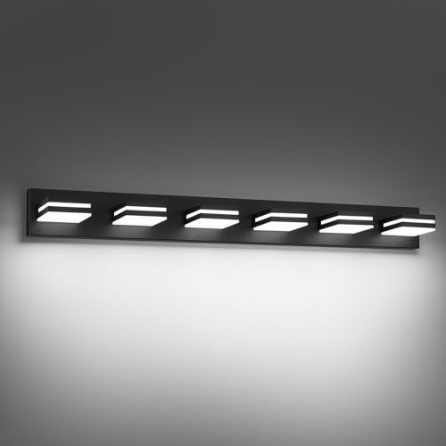 Modern LED Black Acrylic Bathroom Lights Fixtures 6-Light | Wall Lighting,Vanity Lights for Bathroom Over Mirror 6000K 350°Rotate（No Assembly Required） - color: Black, size: 41.73 in