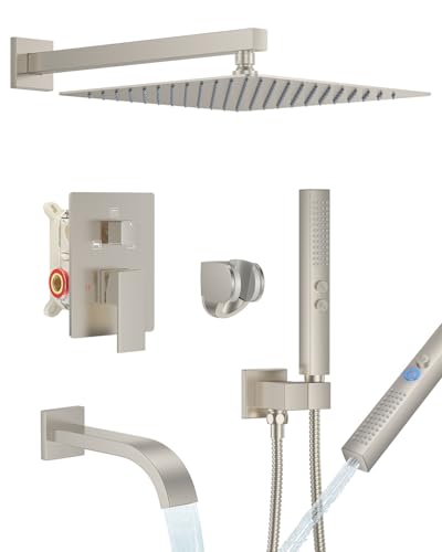 Brushed Nickel Shower System with Tub Spout, Wall Mounted Bathtub Shower Faucet Set, 12" Rainfall Shower Head and Handheld Shower Combo, High Pressure Shower Fixtures Set with Rough-in Valve - color: Brushed Nickel, style: 12" Wall Mounted Shower System w