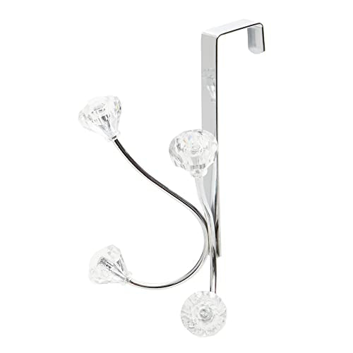 Home Basics Over the Door Double Towel Crystal Hooks, For Hanging Clothes, Coats, Robes or Towels, Organize Bathroom, Bedroom and Closet, Chrome 5" x 3" x 7.25 | Steel Door Hook Rack with Double Hanging Hooks & Crystal Accents - Ideal for Towels, Bags, Co