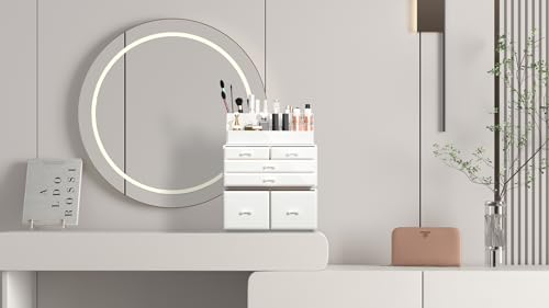READAEER Makeup Organizer 3 Pieces Cosmetic Storage Case with 6 Drawers (White) - color: White