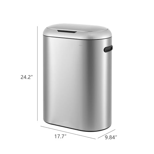 happimess 13.2 Gal Oval Motion Sensor Trash Can, Platinum Silver | Oval, Motion Sensor, Touch Mode, Fingerprint Resistant, Stainless Steel, Soft Close Lid, 17.7" W x 9.84" D x 24.2" H - color: Platinum Silver