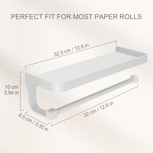 Paper Towel Holder Wall Mount with Shelf, Bathroom/Kitchen Paper Towel Holder, Effortless One-Handed Tear, Rust-Proof Metal for Bedroom - color: White