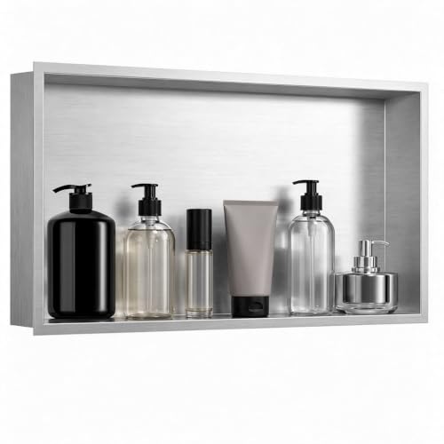 SaniteModar Stainless Steel Shower Niche Insert 24" x 12" Brushed Silver | No Tile Needed, Recessed Horizontal Bathroom Niche, Waterproof, Space-saving, Easy Setup, Built-in Storage for Bathroom - color: Brushed Silver, size: 12" x 24", Single