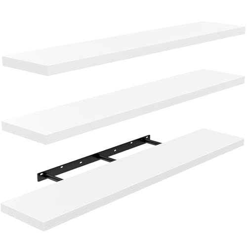 AMADA HOMEFURNISHING 47.2" L Floating Shelves, Wall Shelves Set of 3 for Bathroom/Living Room/Bedroom/Kitchen, White Floating Shelves for Wall Decor with Invisible Brackets - AMFS55W - color: White, size: 47.2 Inches