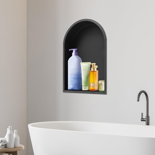 Recessed Arched Shower Niche, 12" X 18" Stainless Steel Shower Niche, Stainless Steel Bathroom Shelf, NO Tile Needed Bathroom Storage for Shower Wall (Black) - color: Black