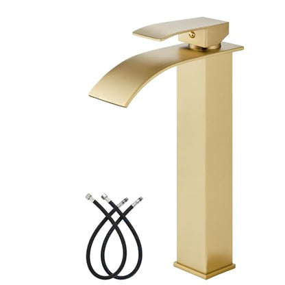 gotonovo Waterfall Tall Bathroom Faucet 1 Hole No Drain, Brushed Gold | Modern Vessel Sink Faucet Single Handle 304 Stainless Steel,24” cUPC Supply Hoses,for Bowl Basin Lavatory Vanity Restroom RV - color: Gold