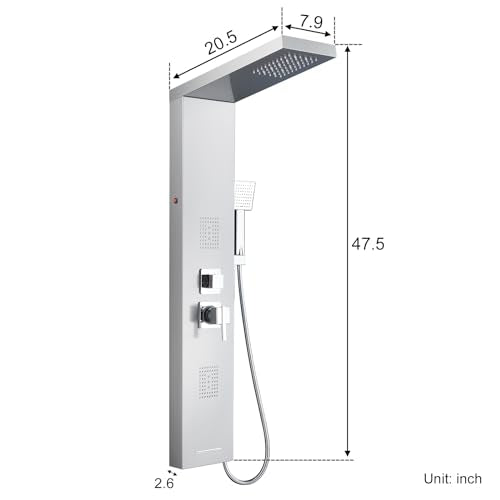 5-in-1 LED Shower Panel Tower System Stainless Steel Brushed Nickel | Rainfall head | 2-in-1 body jets | Handheld shower | Tub spout | LED lights | Wall mount - color: Brushed Nickel