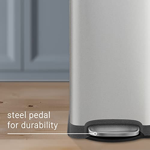 happimess Betty 8 Gal Step Trash Can Soft-Close Lid, Platinum Silver | Fingerprint Resistant, Removable Liner, Semi-Rectangular, Steel Pedal, Iron Powder Coated, 27" Height, Non-Skid Base - color: Chrome