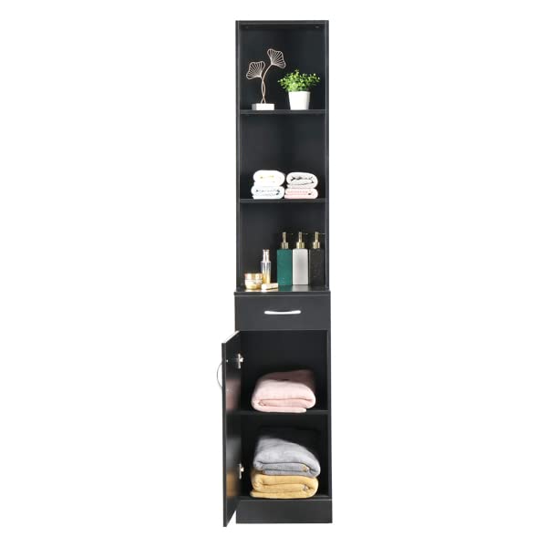 Bathroom Storage Cabinet MDF, Tall Narrow Floor Standing Tower Cabinet Organizer with Door and Open Shelves for Kitchen, Tall Linen Tower for Bathroom, Living Room, Laundry Room, Black 34 x 28 x 178CM
