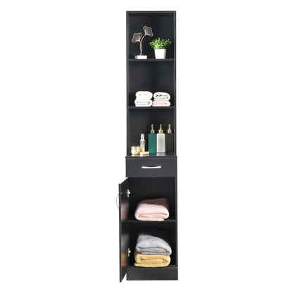 Bathroom Storage Cabinet MDF, Tall Narrow Floor Standing Tower Cabinet Organizer with Door and Open Shelves for Kitchen, Tall Linen Tower for Bathroom, Living Room, Laundry Room, Black 34 x 28 x 178CM