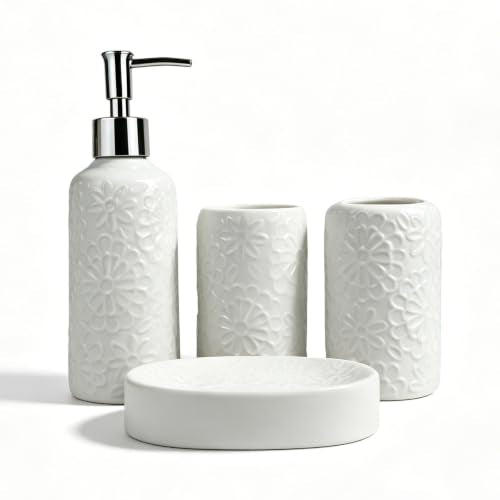 4 Piece White Ceramic Bathroom Accessories Set, 3D Embossed Floral Bath Decor Set with Soap Dispenser, Toothbrush Holder, Tumbler and Soap Dish, Elegant Countertop Organizer for Bathroom