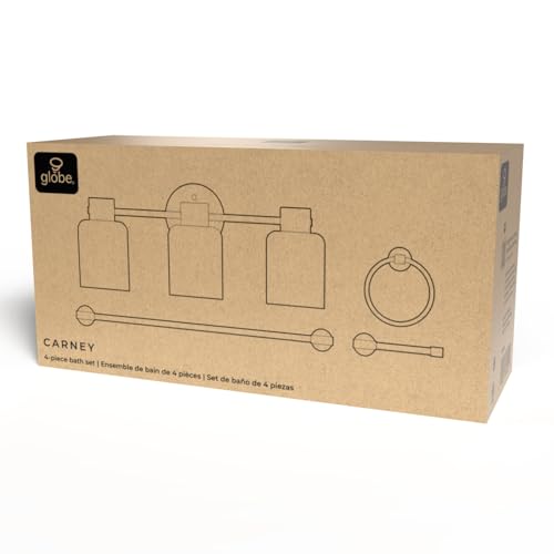 Globe Electric 4-Piece All-in-One Bathroom Set, Matte Black, 3-Light Vanity Light with Frosted Glass Shades, Towel Bar, Toilet Paper Holder, Towel Ring - color: Matte Black, Frosted Glass, 3-Light