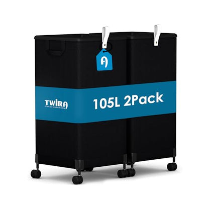 2Pcs Laundry Basket with Wheels 105L, Large Rolling Laundry Hamper with Removable Bag, Metal Frame Collapsible Dirty Clothes Bin, Cloth Organizer Hampers Pull Handle for Bathroom, Dorm, Bedroom Black - color: Black - 2 Pack