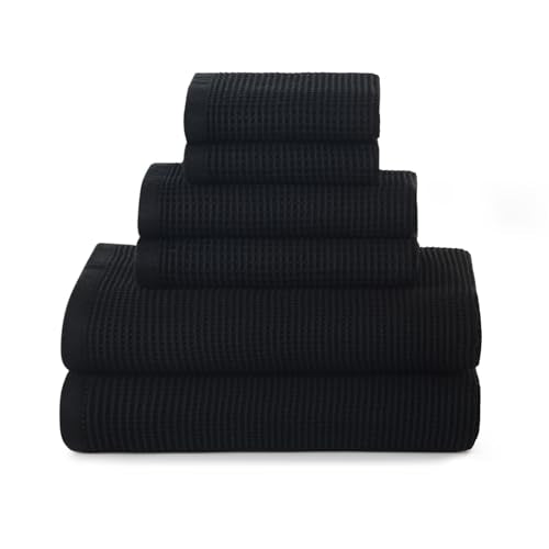 ecolook 6-Piece Waffle Weave Towel Set, 100% Cotton, Lightweight, Absorbent & Quick-Drying, 2 Bath Towels (31×63 in), 2 Hand Towels, 2 Washcloths, Lint-Free for Bathroom, Pool, Gym, Travel - Black - color: Black