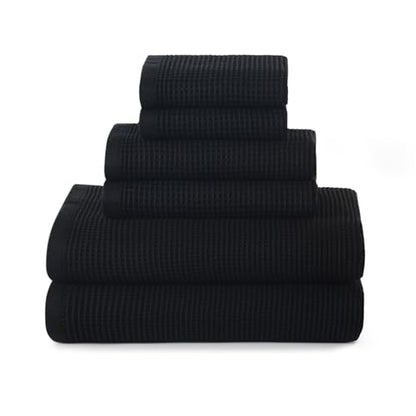 ecolook 6-Piece Waffle Weave Towel Set, 100% Cotton, Lightweight, Absorbent & Quick-Drying, 2 Bath Towels (31×63 in), 2 Hand Towels, 2 Washcloths, Lint-Free for Bathroom, Pool, Gym, Travel - Black - color: Black