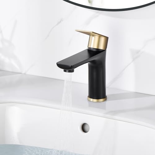 SUMERAIN Modern 304 Stainless Steel Bathroom Faucet Lead-Free Vanity Sink Faucet Black&Gold Single Handle Washbasin Faucet | Lead-Free, Single Handle, Unique Flow Pattern, Water-saving, Easy DIY Install - color: Black and Gold