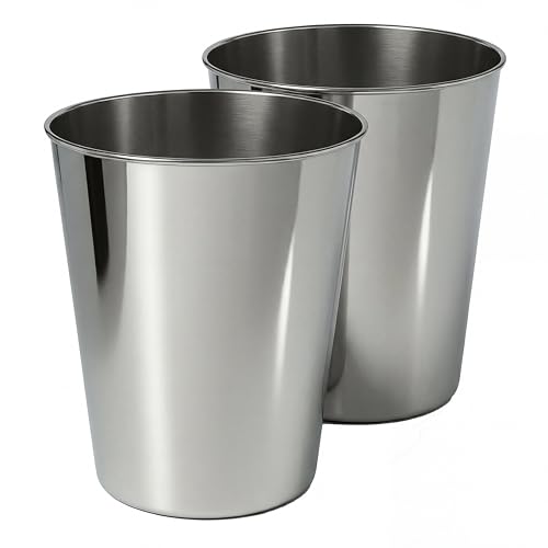 happimess Nolan 2 Gal Smooth Steel Wastebasket, Polished Steel, Set of 2 | 10" Height, Lidless Open Top, Mechanical Finish, Small Space Design - color: Polished Steel, size: Set of 2