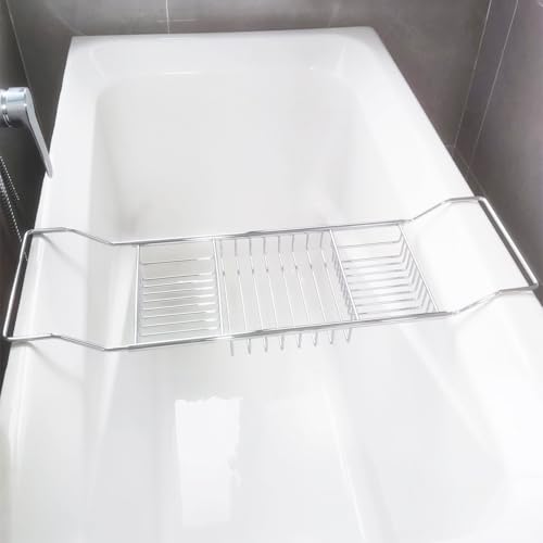 Stainless Steel Expandable Shower Bathtub Tray Over Tub Bath Caddy Expandable Bath Caddy for The Elegant Tub Chrome Polished (Silver) - color: Silver