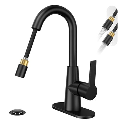 High Arc Bathroom Sink Faucet with Pull Down Sprayer, Tall Matte Black Single Handle Pull Out Faucet with Pop-Up Drain, 1 or 3 Hole Laundry Bar Basin Faucet with Deck Plate WE10CL-ZY-MB - color: Matte Black