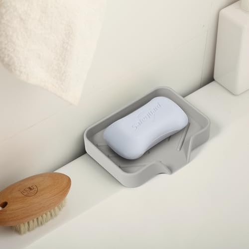 Silicone Soap Dish with Drain Holes, Quick-Dry Soap Holder for Kitchen & Bathroom Sink, Self Draining Kitchen Sponge Tray, Keeps Counter Dry, Easy Clean Soap Saver (Gray, 4.7" x 3.9")