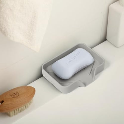 Silicone Soap Dish with Drain Holes, Quick-Dry Soap Holder for Kitchen & Bathroom Sink, Self Draining Kitchen Sponge Tray, Keeps Counter Dry, Easy Clean Soap Saver (Gray, 4.7" x 3.9")