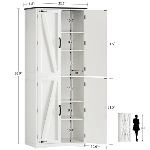 Tall Pantry Cabinet, Kitchen Cabinet with 4 Shelves, Adjustable Shelves, Pantry Cabinets with 4 Barn Doors, Tall Kitchen Cabinets for Dining Room, Living Room, White - color: White 4 Doors
