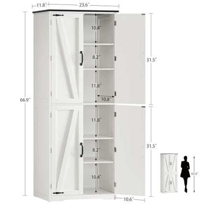 Tall Pantry Cabinet, Kitchen Cabinet with 4 Shelves, Adjustable Shelves, Pantry Cabinets with 4 Barn Doors, Tall Kitchen Cabinets for Dining Room, Living Room, White - color: White 4 Doors