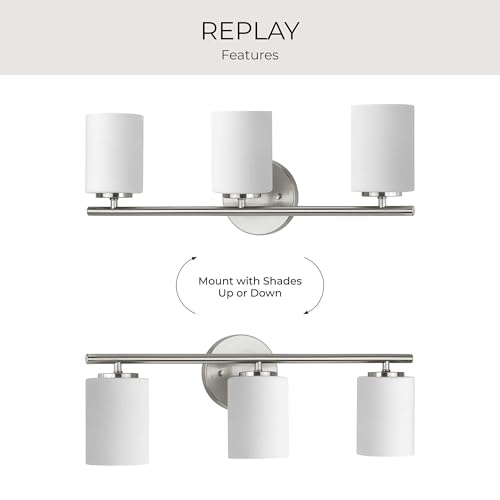 Replay Collection 3-Light Etched White Glass Modern Bath Vanity Light Brushed Nickel - color: Brushed Nickel, size: 3-Light