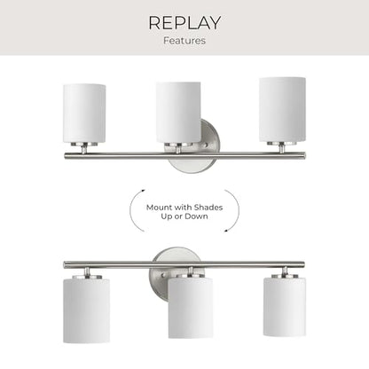 Replay Collection 3-Light Etched White Glass Modern Bath Vanity Light Brushed Nickel - color: Brushed Nickel, size: 3-Light