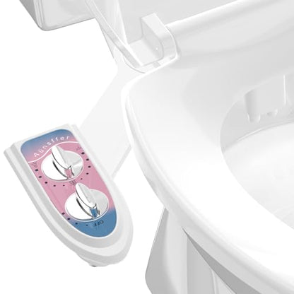 Aünsffer Toilet Bidet Attachment for Toilet, No-Electric Fresh Cold Water with Dual Nozzles Sprayer, 3 Wash Modes (Feminine/Bidet Wash + Self-Cleaning)，Fits Standard Toilet Bowl, Blue Pink - color: Blue Pink