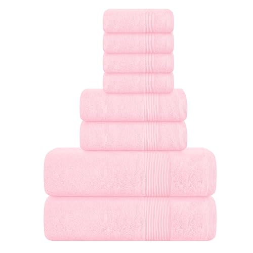 Belizzi Home 8 Piece Towel Set 100% Ring Spun Cotton, 2 Bath Towels 27x54, 2 Hand Towels 16x28 and 4 Washcloths 13x13 - Ultra Soft Highly Absorbent Machine Washable Hotel Spa Quality - Pink - color: Pink, size: 8 Piece Towel Set