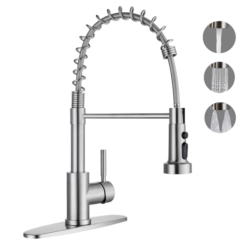 Kitchen Faucets with Pull Down Sprayer, Brushed Nickel Stainless Steel Single Handle Pull Out Spring Sink Faucet, 3 Function Sprayer 1 or 3 Hole Deck Plate for Farmhouse Laundry Rv Bar - color: Brushed Nickel, style: Classic