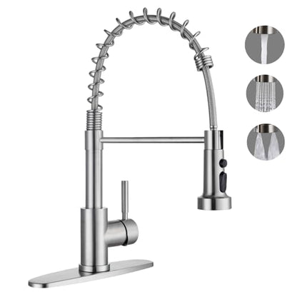 Kitchen Faucets with Pull Down Sprayer, Brushed Nickel Stainless Steel Single Handle Pull Out Spring Sink Faucet, 3 Function Sprayer 1 or 3 Hole Deck Plate for Farmhouse Laundry Rv Bar - color: Brushed Nickel, style: Classic